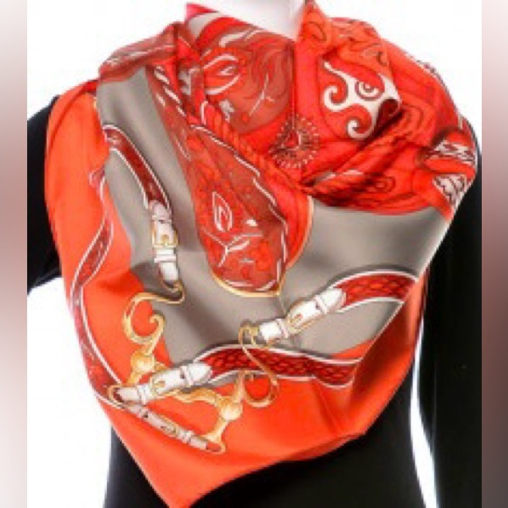 Authentic HERMES Silk Festival des Amazones Scarf 90 in Rouge & Etoupe NEW w/box